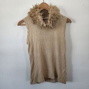 Y2K Sharagano Paris Faux Fur Collar Sleeveless Shirt Brown Made in France Medium